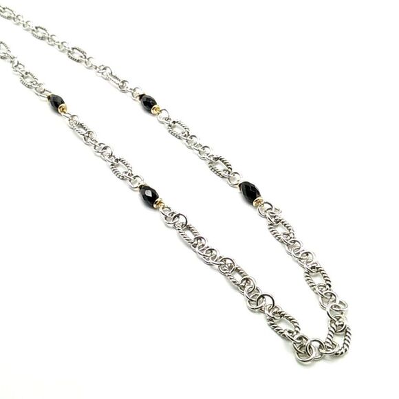 Black Acrylic Faceted Beaded Silver-tone Figaro Chain Necklace - Picture 3 of 15